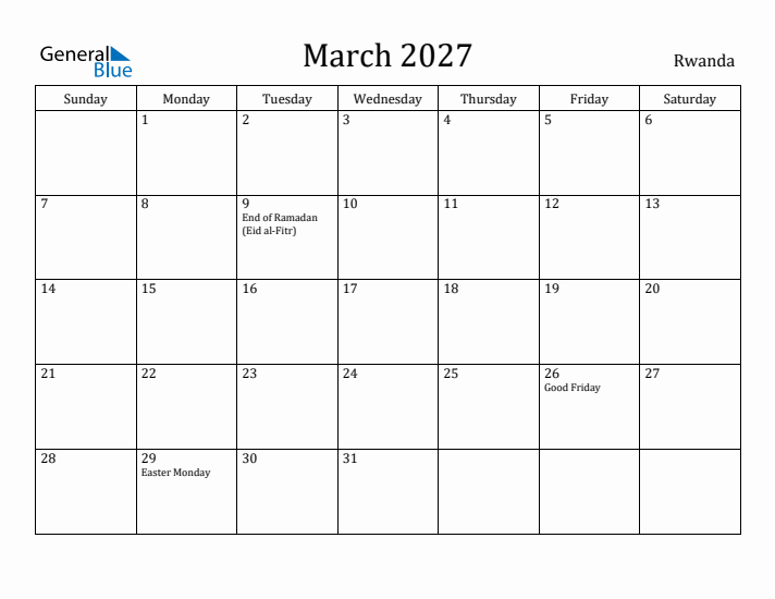 March 2027 Calendar Rwanda