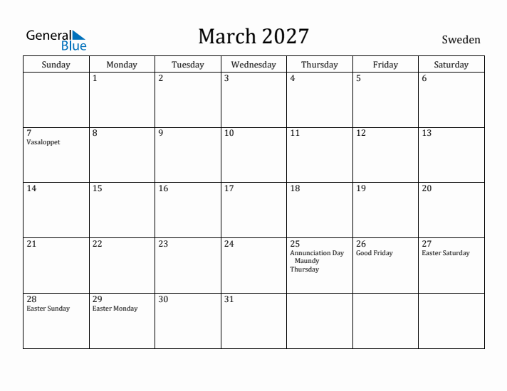 March 2027 Calendar Sweden