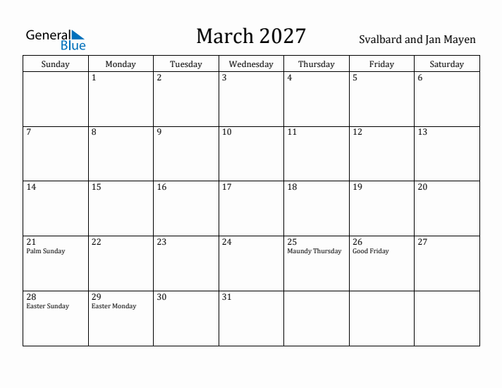 March 2027 Calendar Svalbard and Jan Mayen