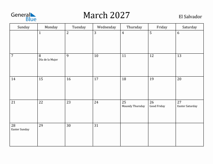 March 2027 Calendar El Salvador