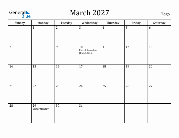 March 2027 Calendar Togo