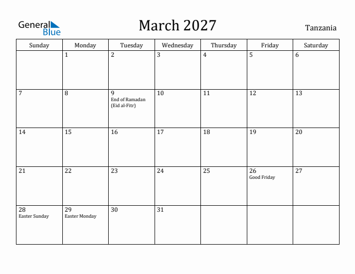 March 2027 Calendar Tanzania