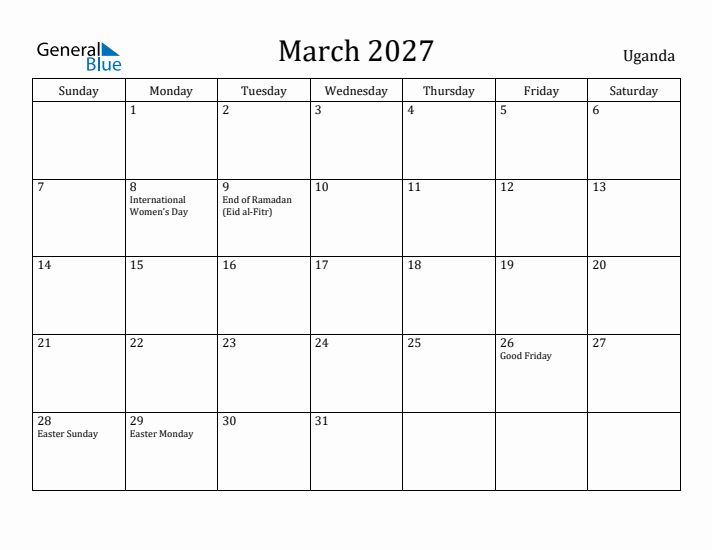 March 2027 Calendar Uganda