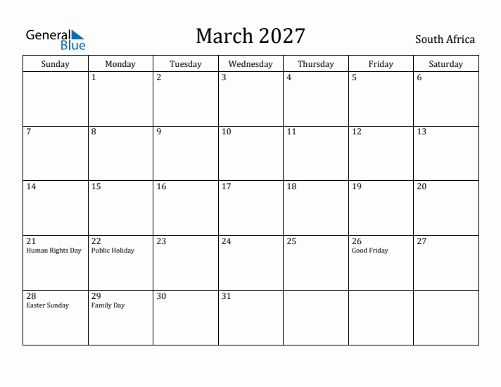 March 2027 Calendar South Africa