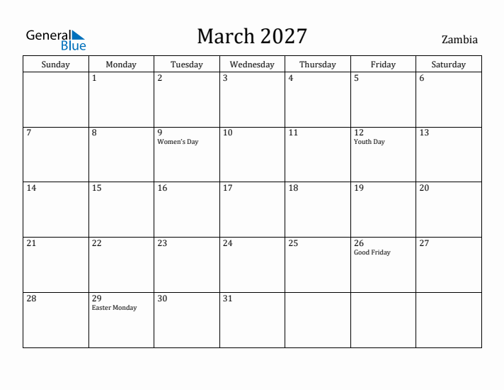 March 2027 Calendar Zambia