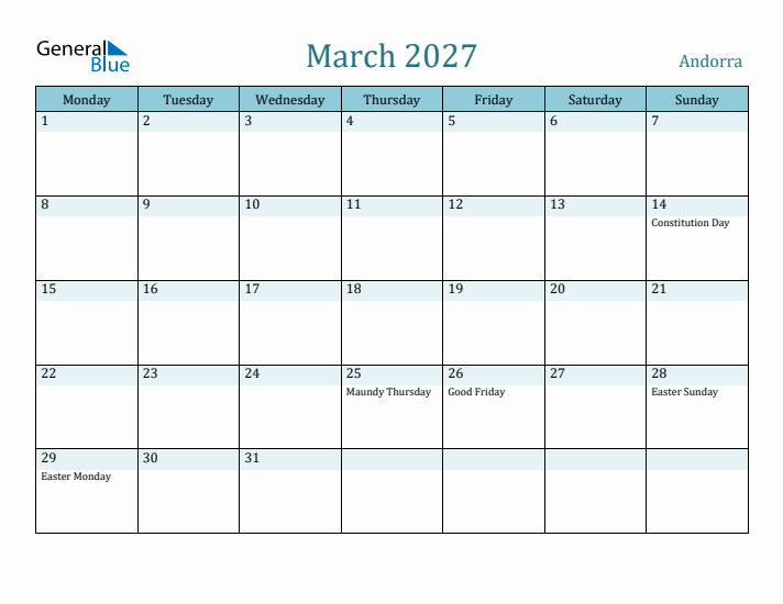 March 2027 Calendar with Holidays