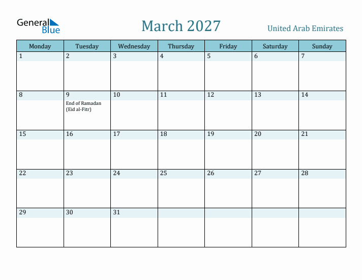 March 2027 Calendar with Holidays