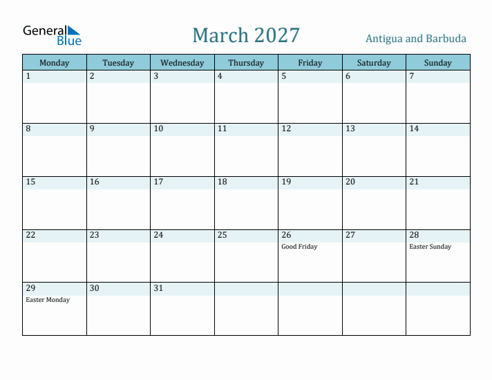 March 2027 Calendar with Holidays