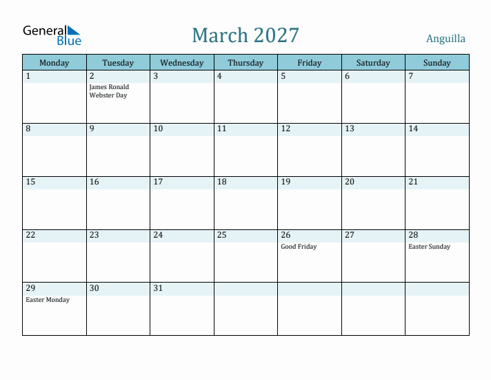 March 2027 Calendar with Holidays