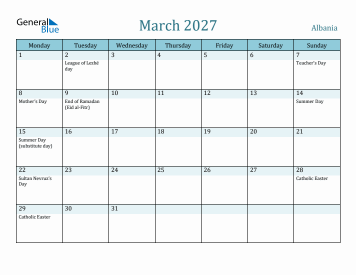 March 2027 Calendar with Holidays