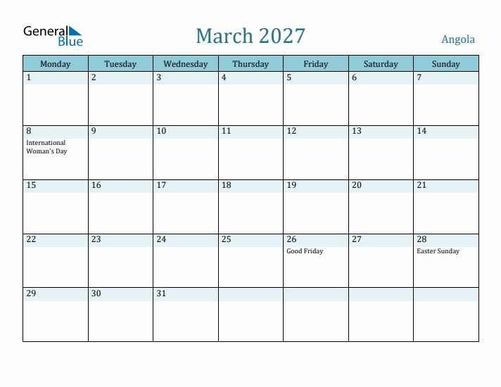 March 2027 Calendar with Holidays