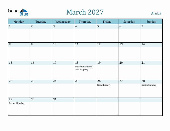 March 2027 Calendar with Holidays