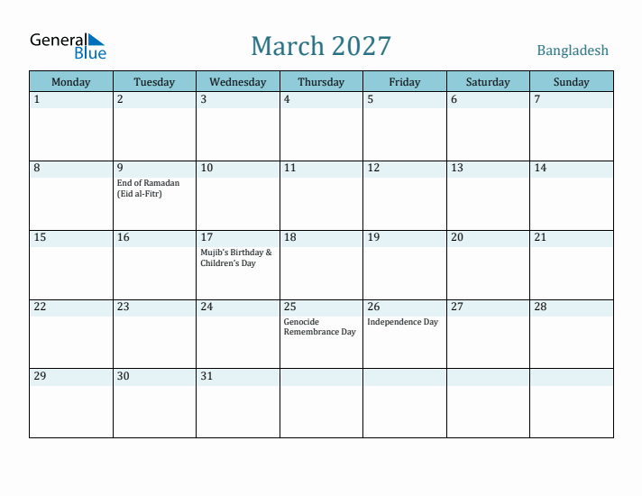 March 2027 Calendar with Holidays