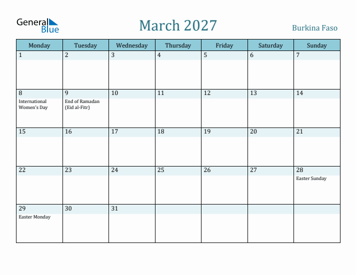 March 2027 Calendar with Holidays