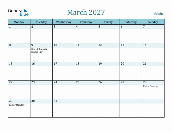 March 2027 Calendar with Holidays