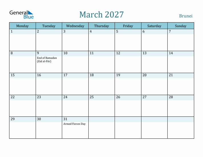 March 2027 Calendar with Holidays