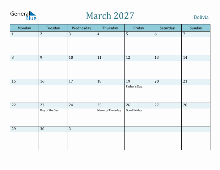 March 2027 Calendar with Holidays