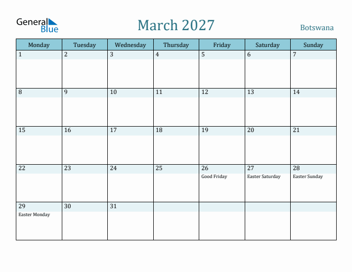 March 2027 Calendar with Holidays