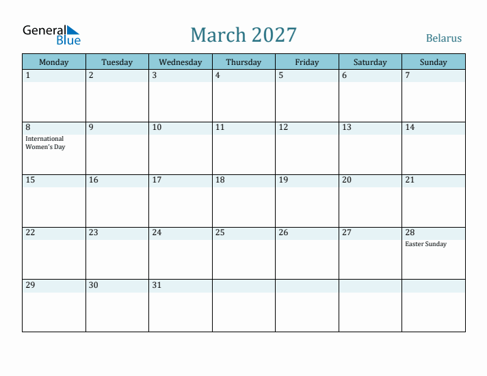 March 2027 Calendar with Holidays