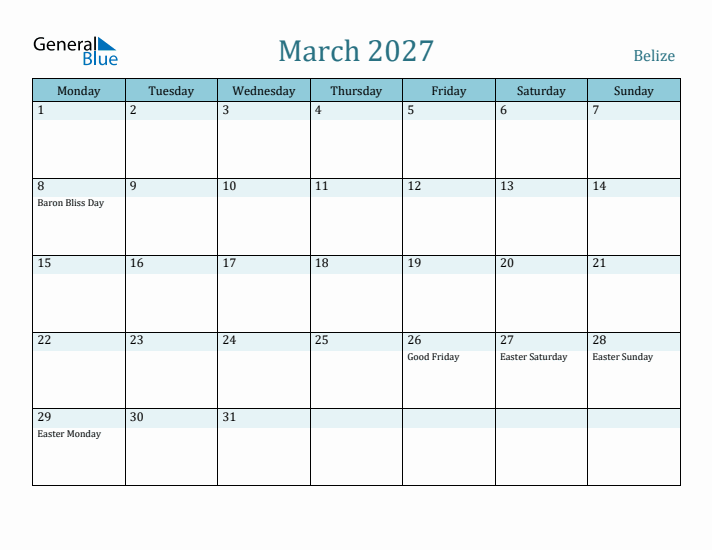 March 2027 Calendar with Holidays