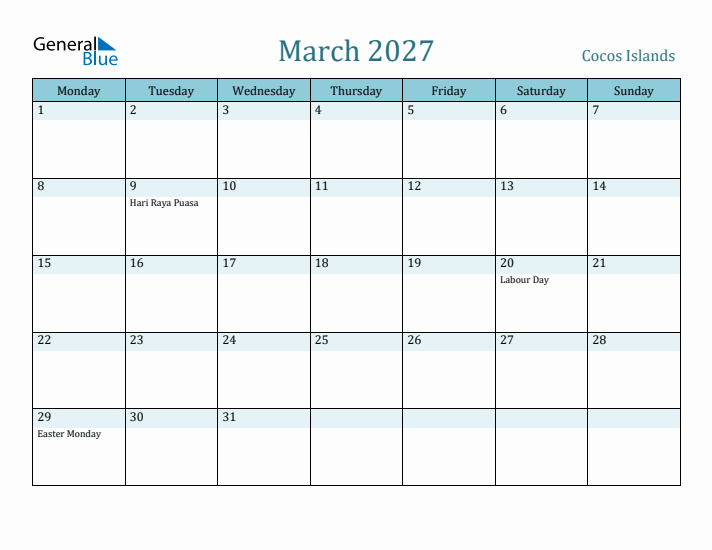 March 2027 Calendar with Holidays