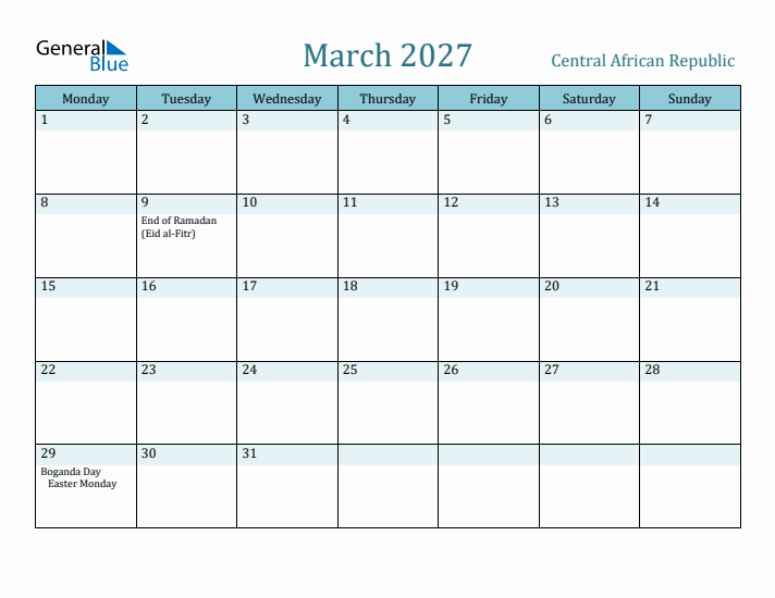 March 2027 Calendar with Holidays