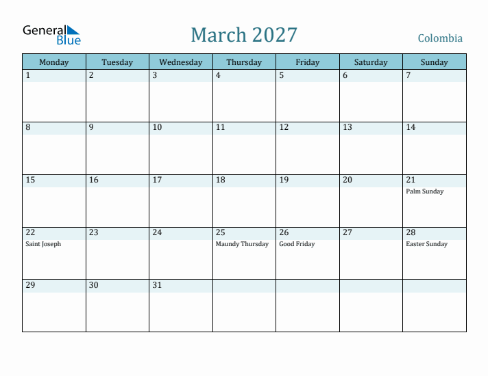 March 2027 Calendar with Holidays