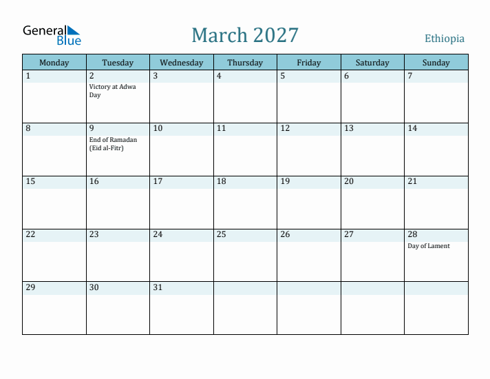 March 2027 Calendar with Holidays