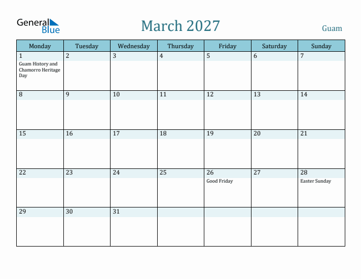 March 2027 Calendar with Holidays