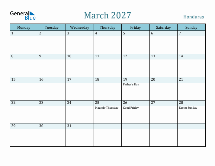 March 2027 Calendar with Holidays