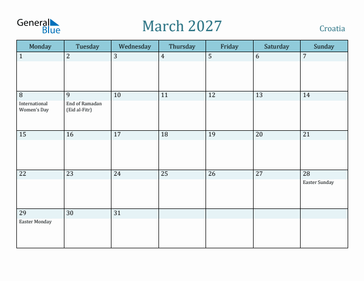 March 2027 Calendar with Holidays