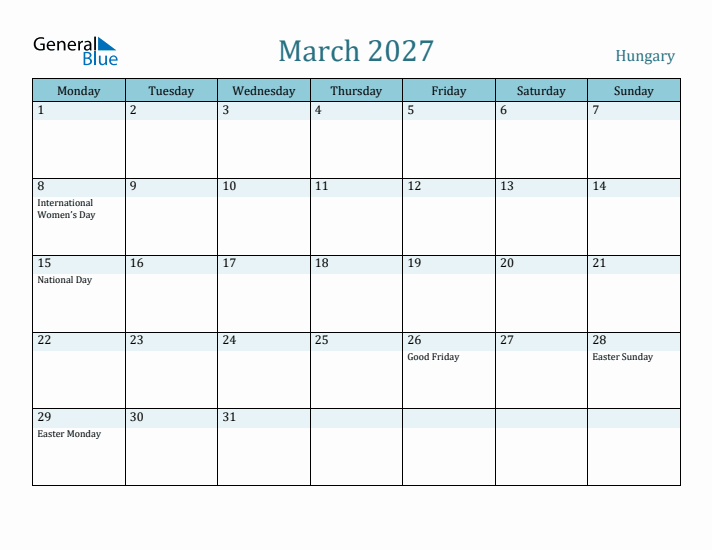 March 2027 Calendar with Holidays