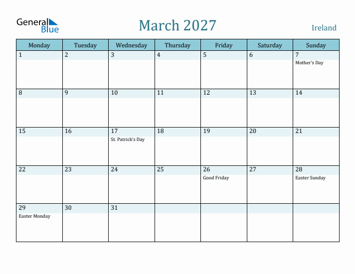 March 2027 Calendar with Holidays