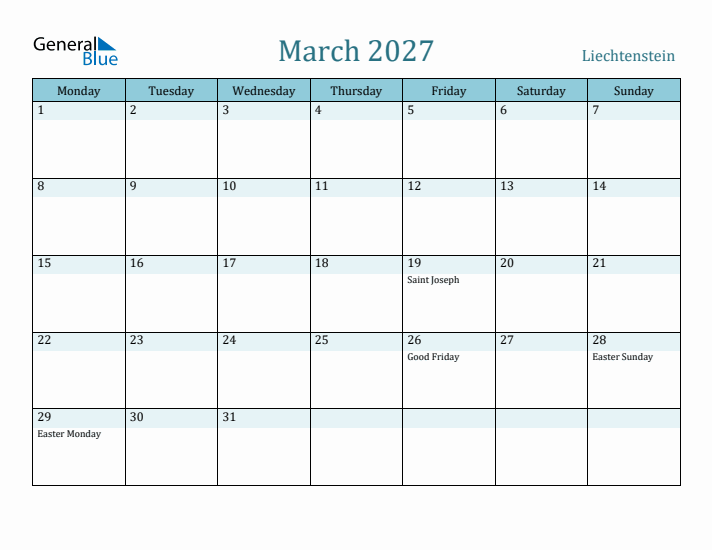 March 2027 Calendar with Holidays