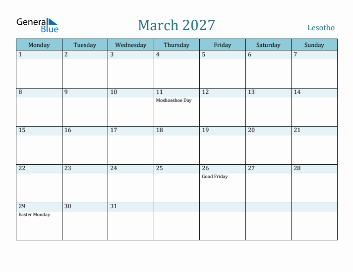 March 2027 Calendar with Holidays