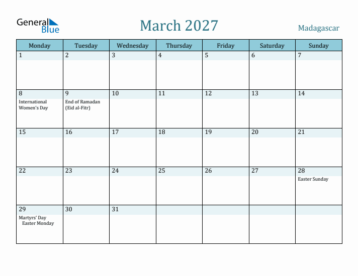 March 2027 Calendar with Holidays