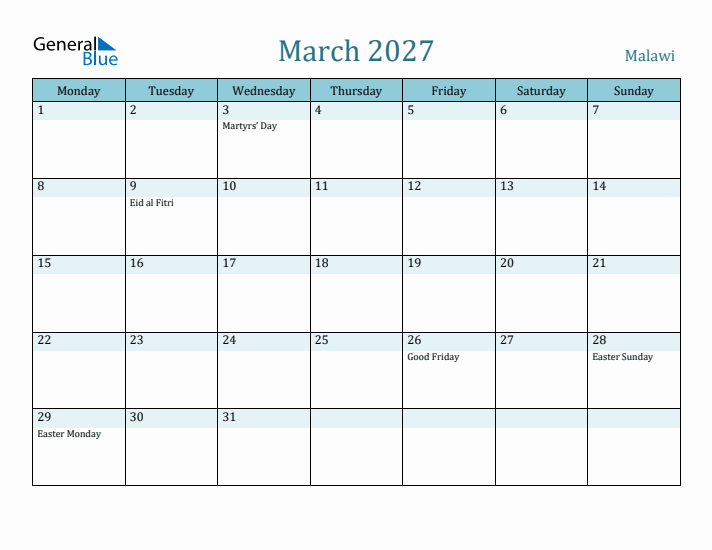 March 2027 Calendar with Holidays