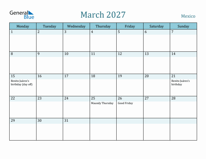 March 2027 Calendar with Holidays