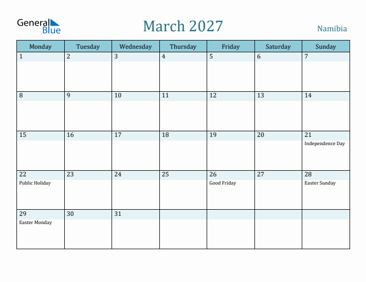 March 2027 Calendar with Holidays