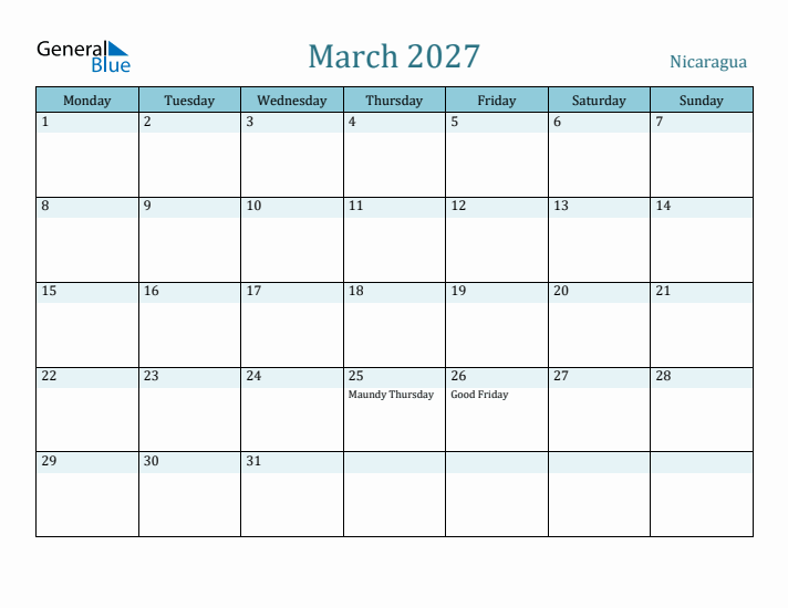 March 2027 Calendar with Holidays