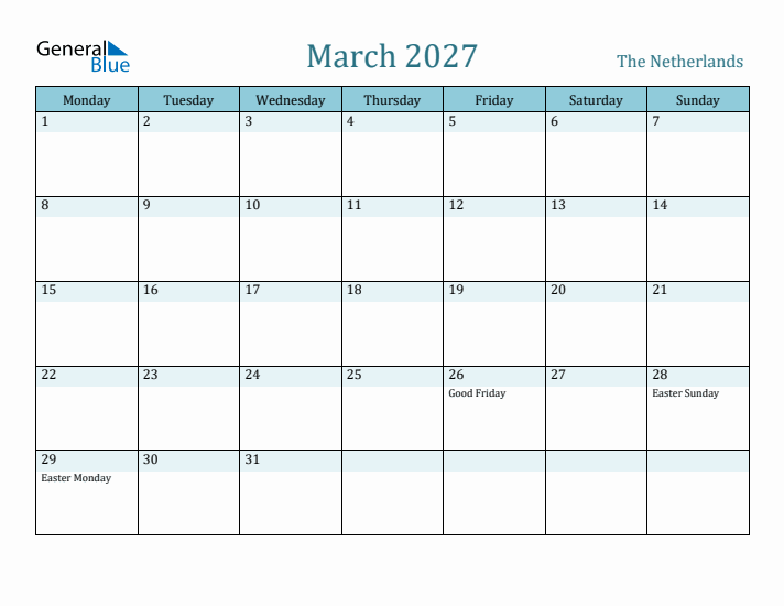 March 2027 Calendar with Holidays