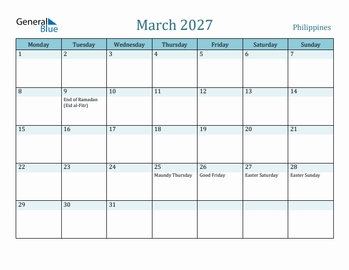 March 2027 Calendar with Holidays