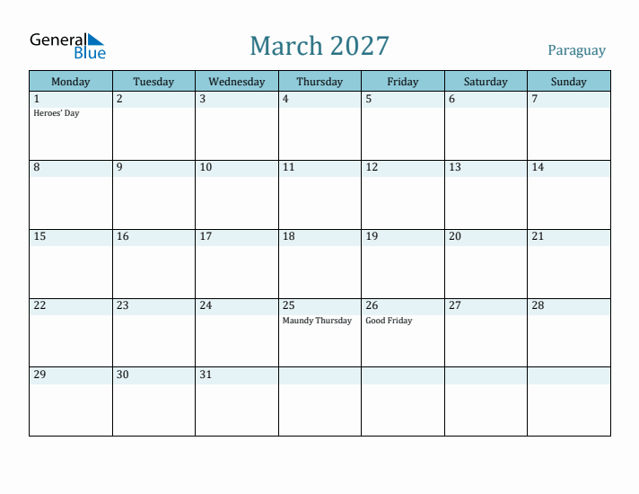 March 2027 Calendar with Holidays