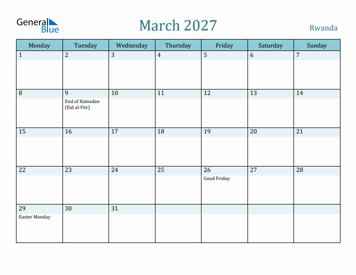 March 2027 Calendar with Holidays