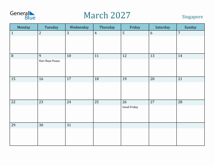 March 2027 Calendar with Holidays