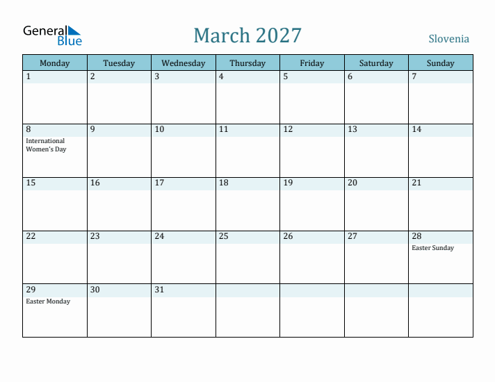 March 2027 Calendar with Holidays