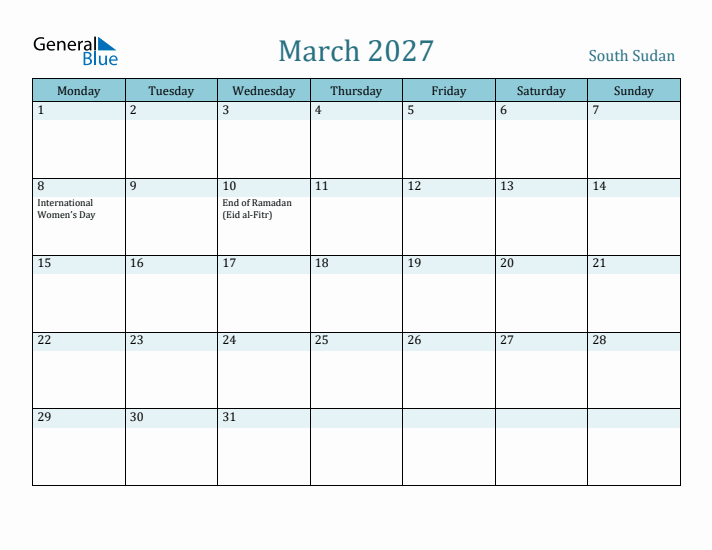 March 2027 Calendar with Holidays