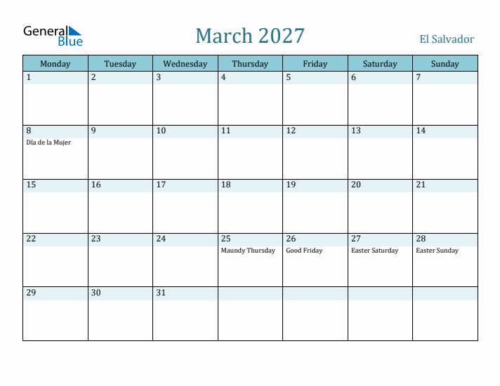 March 2027 Calendar with Holidays