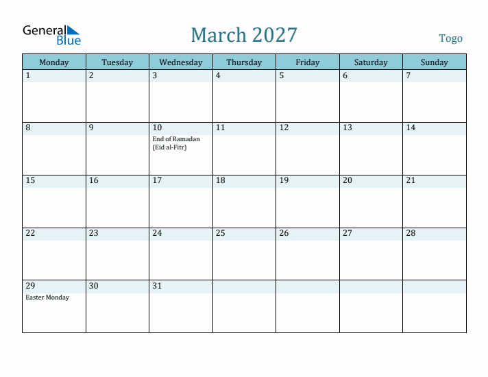 March 2027 Calendar with Holidays