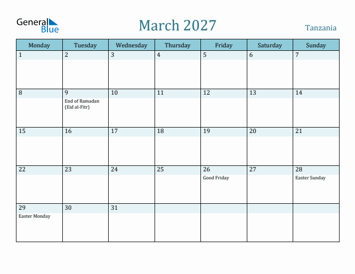 March 2027 Calendar with Holidays